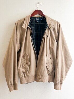 VINTAGE POLO Ralph Lauren Bedford Twill Khaki Harrington Jacket Plaid Lined M